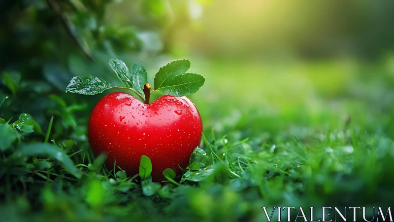 Heart-shaped red apple with dew on grass, dreamy natural style.
