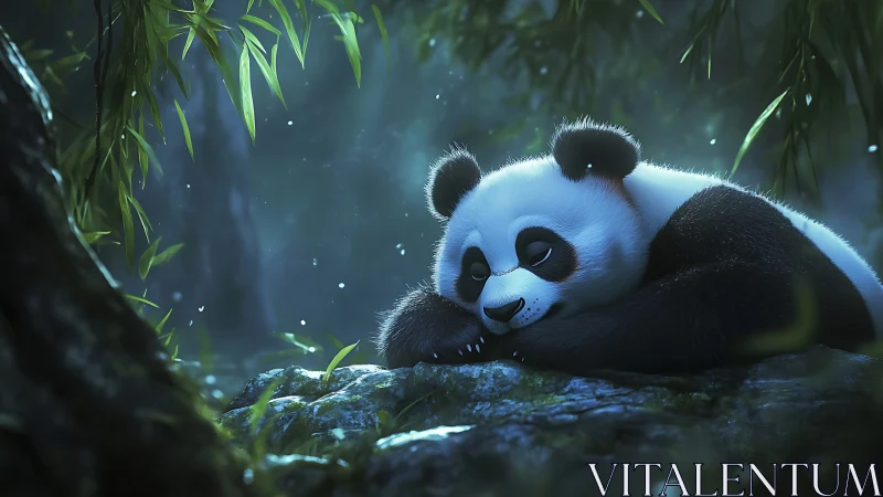 Sleepy panda rests on mossy rock in a glowing forest dream.