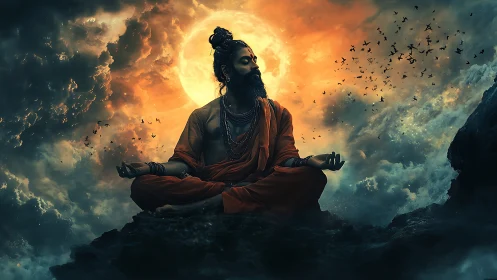 Solar halo yogi drifts in stormlit cosmic meditation glow.