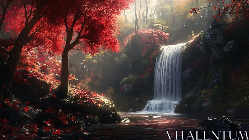 Autumnal waterfall cascades through luminous crimson forest glade