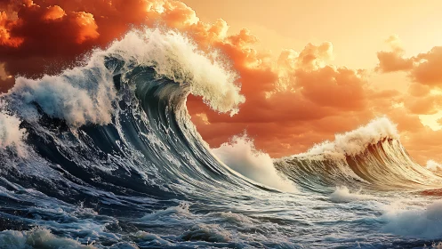 Sunset storm waves crown the sea in blazing gold and foam.