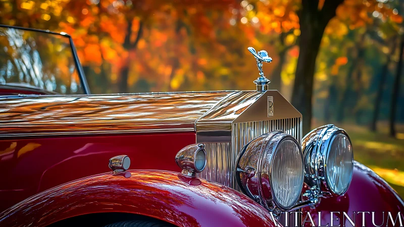 Vintage Rolls-Royce grille reflects autumn foliage in bokeh field