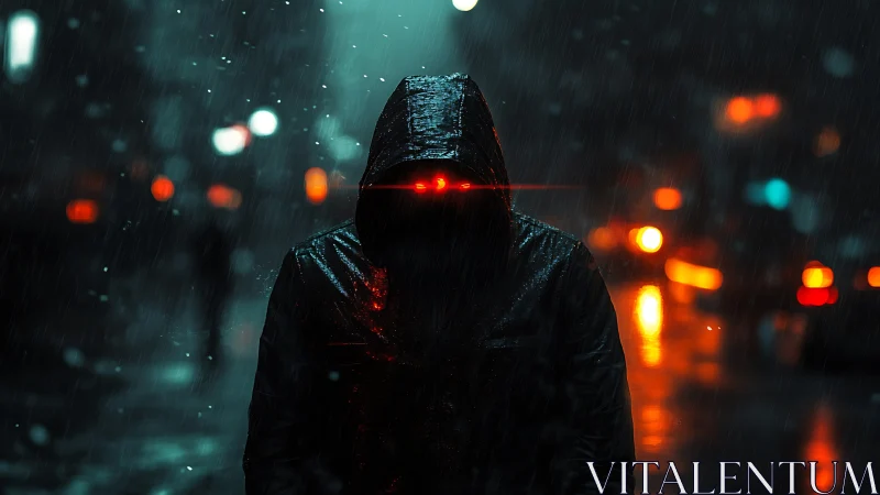 Hooded cyber figure with glowing red eyes in neon rain.