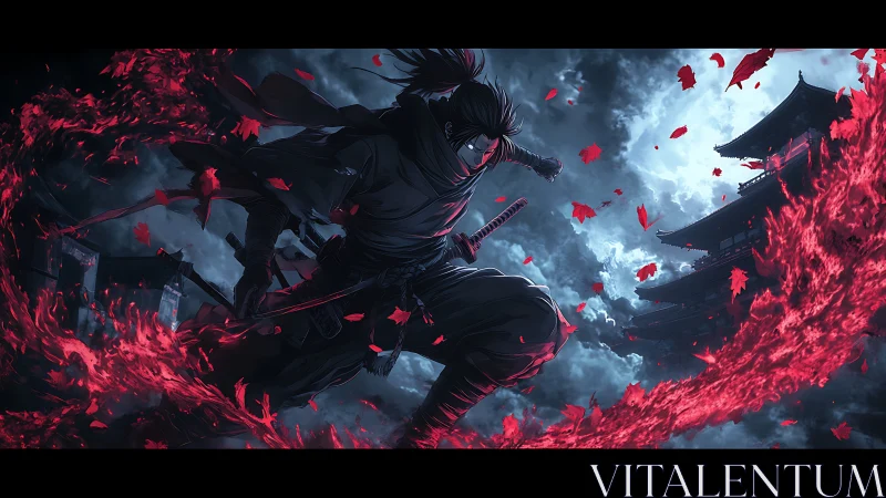 Dynamic anime warrior encircled by crimson energy arc in nightscape.