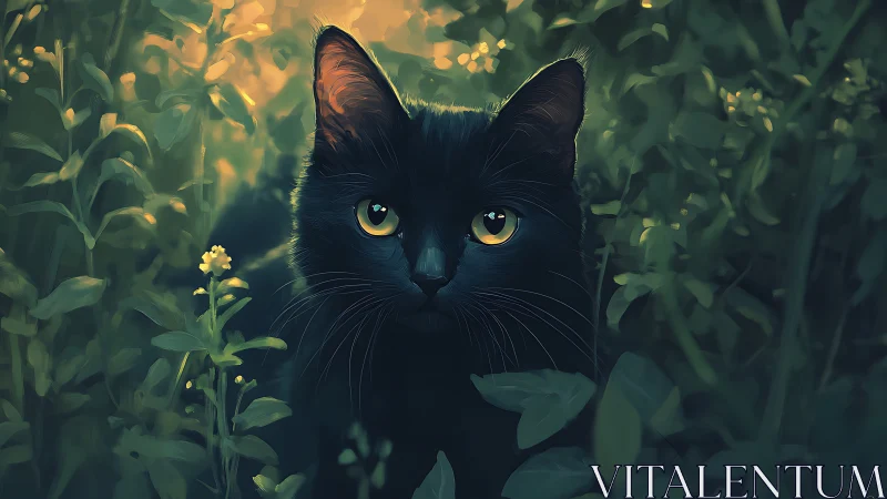 Black Cat with Golden Eyes Gazes Through Garden Blooms