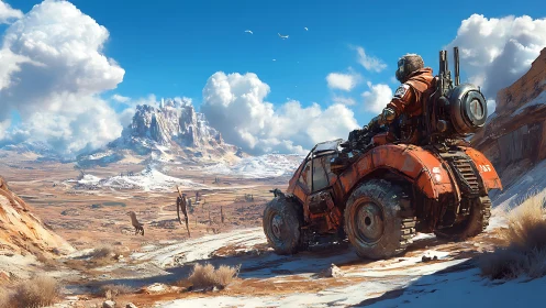 Solitary explorer on rugged rover in snowy desert basin.