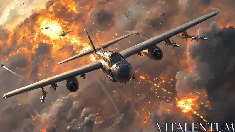 Twin-engine bomber dives through incendiary cloudscape barrage.