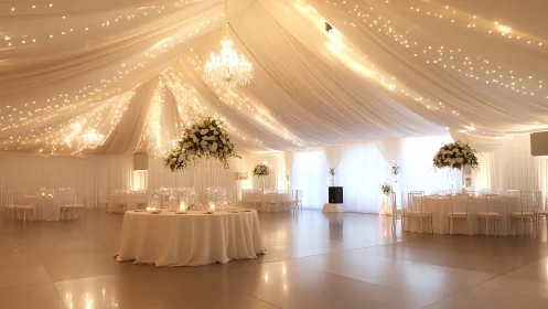Elegant white wedding reception hall with draped lights.