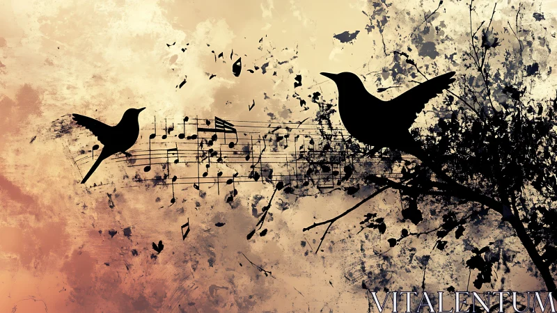 Silhouetted birds trading melodies over splattered score.