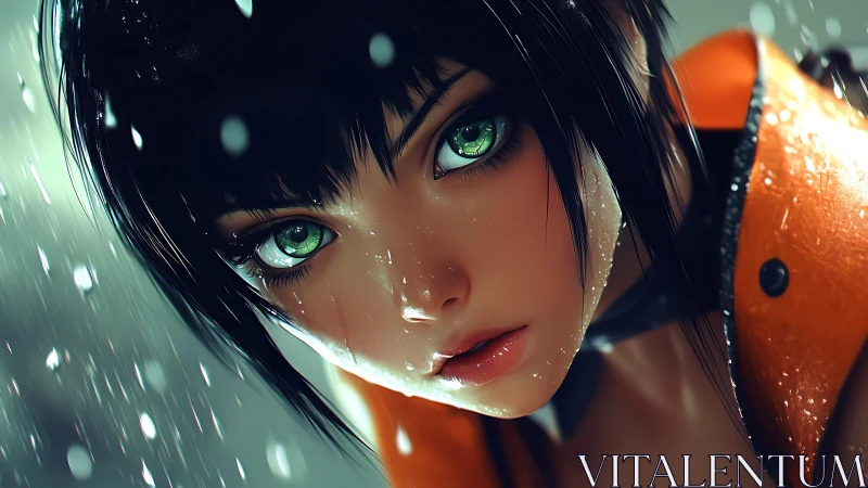 Close-up portrait of wet green-eyed anime girl in rain.