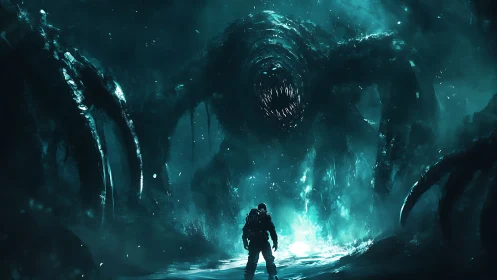 Explorer standing bold before a glowing cosmic leviathan.