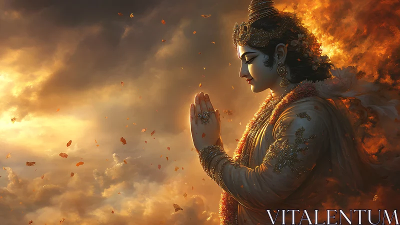 Digital painting of divine figure in luminous prayerful profile.