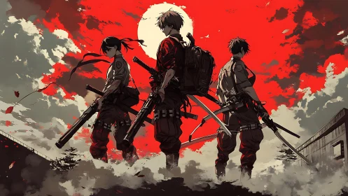 Three armed fighters stand under red sky and white sun