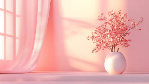 Soft morning light warms pink blossoms in a gentle vase