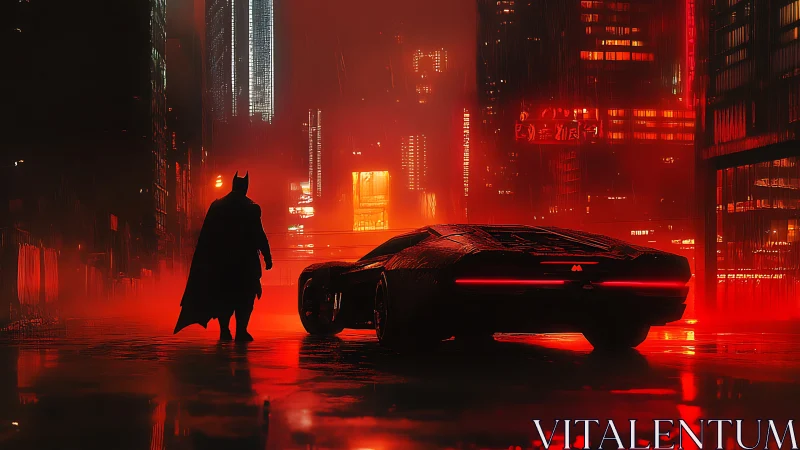 Midnight vigil beside a neon-lit hero car in red rain.