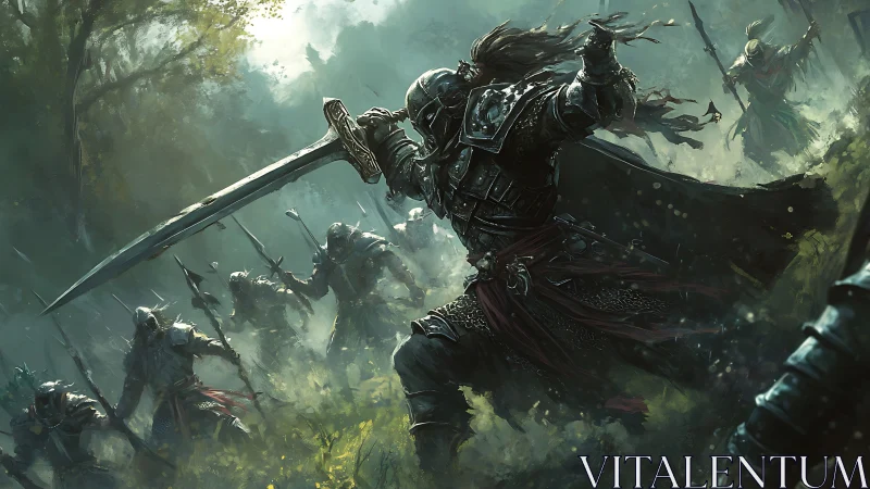 Armored swordsman engages multiple foes in dense forest