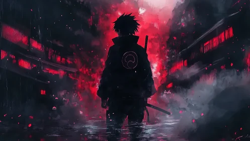 Silhouetted swordsman in red lit alley with dense smoke.