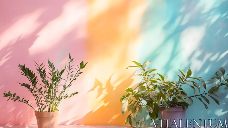 Sunlit potted greens dancing against a pastel rainbow wall.
