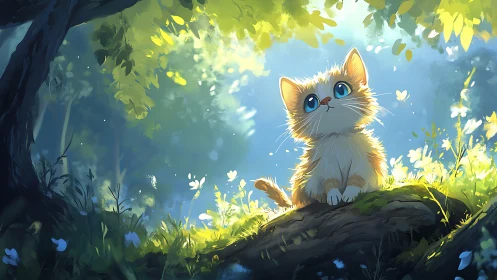 Feline figure in luminescent woodland clearing.