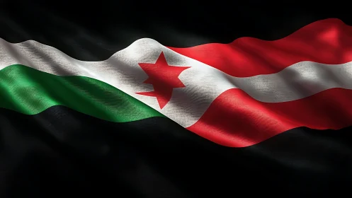 Highly detailed fabric rendering of a tricolor flag in motion