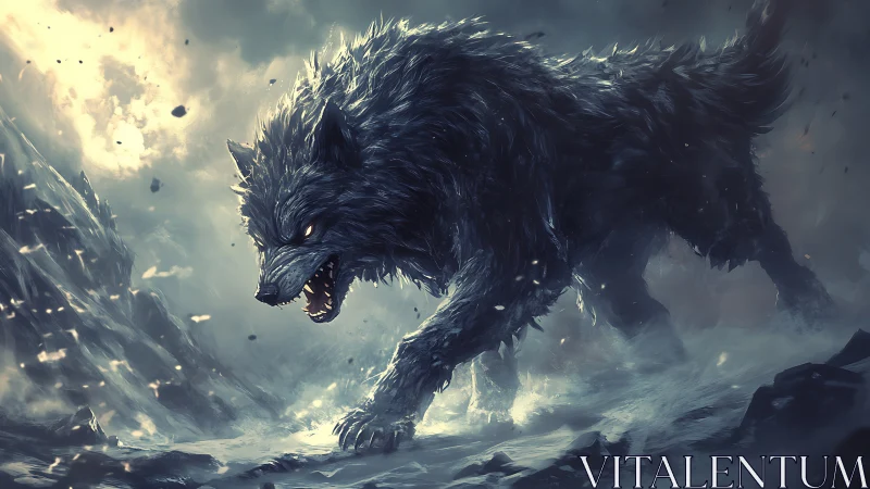 Storm-forged direwolf lunges through blizzard-torn abyss.