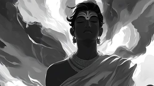 Monochrome divine figure rendered in high-contrast digital chiaroscuro