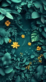 Golden blossoms glow within lush teal tropical foliage