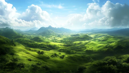 Sunlit green valleys breathe under roaming mountain clouds