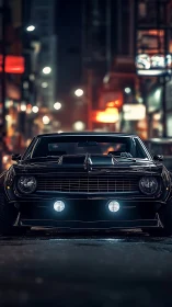 Midnight muscle car glows against neon-lit urban streets.
