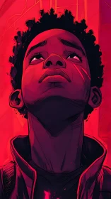 Stylized portrait of upward looking youth in red tones.
