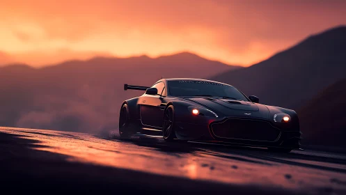 Midnight supercar racing along wet mountain pass at dusk.