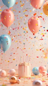 Celebratory 3D Composition with Floating Balloons and Confetti