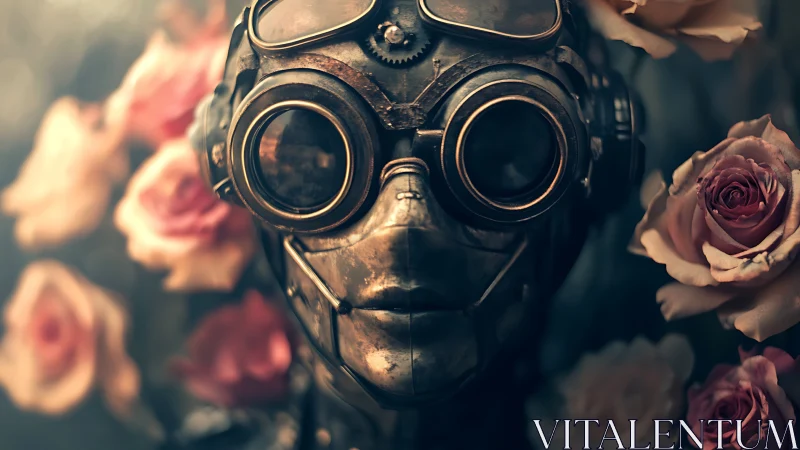 Steampunk cybernetic mask framed by cinematic blooming roses.