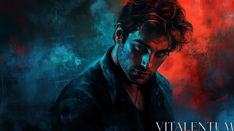 Moody male portrait rendered indual red and cyan rim lighting