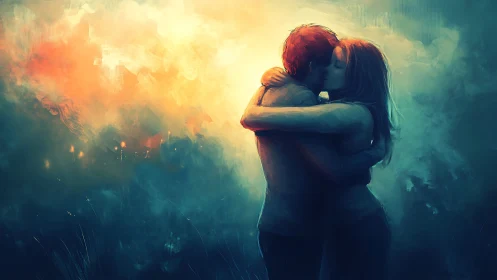 Embraced Silhouettes Against Apocalyptic Glow.