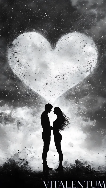 Silhouetted couple beneath heart-shaped celestial formation.