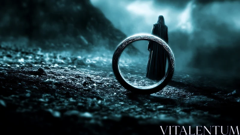 Cinematic fantasy ring tableau with cloaked figure in mist.