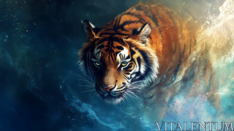 Digital illustration of tiger moving through abstract water.