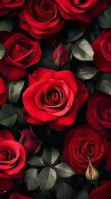 Vibrant Red Roses with Emerald Foliage in Dark Setting.