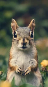 Garden sentinel squirrel stands poised in softly blurred bloom