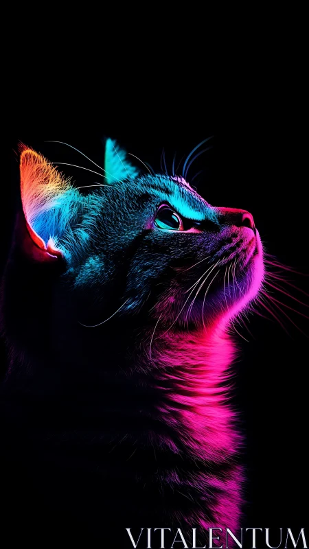 Neon-lit cat portrait in vivid cyan and magenta glow.