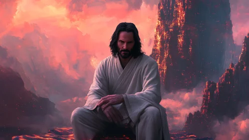 Solitary robed warrior amid molten volcanic cliffs.