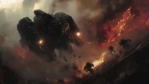 Colossal battle mech emerging from smoke and firestorm.