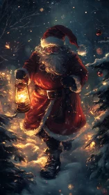 Santa in a nocturnal forest illuminated by warm lantern light