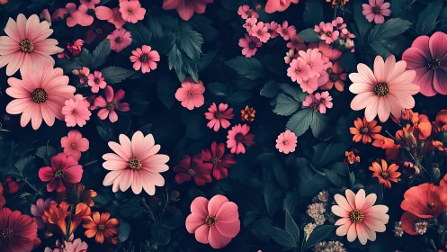 Pink and Orange Flowers on Dark Background.