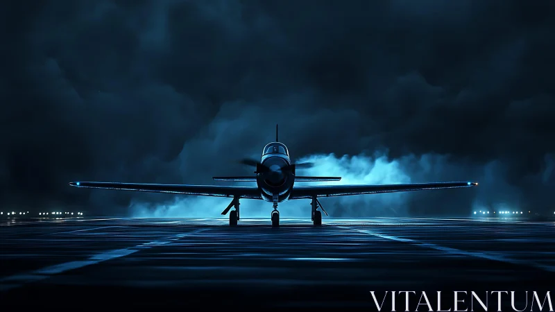 Night runway warbird under stormy blue backlight.