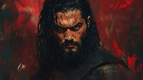 Bloodstreaked warrior glares through chaos and crimson fury.