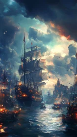 Storm-lit galleons enter blazing harbor at twilight.