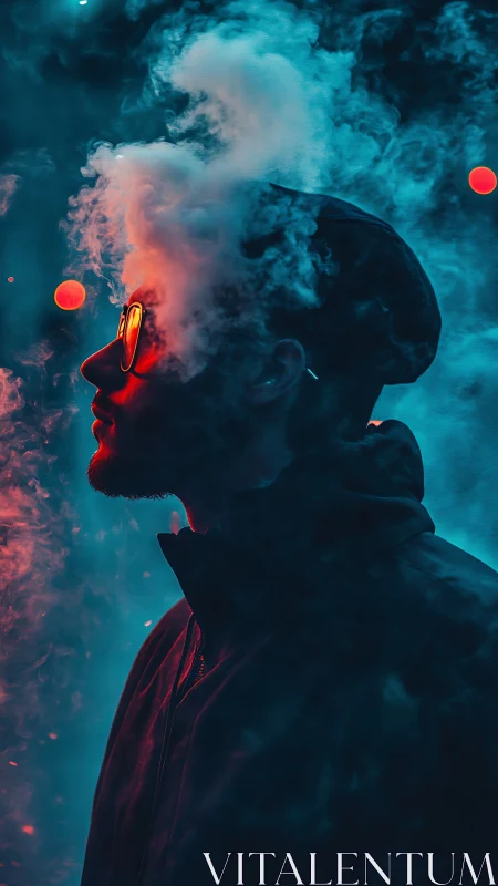 Neon-contrasted profile in volumetric vapor and bokeh field.