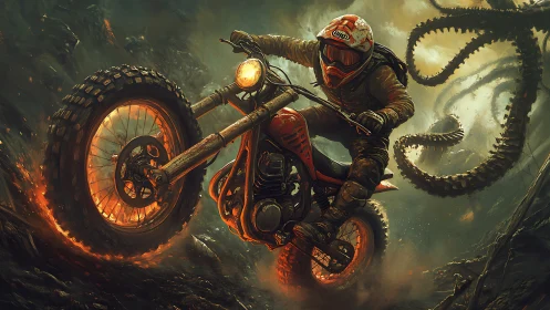 Motorcyclist outruns monstrous tentacles in a burning ravine